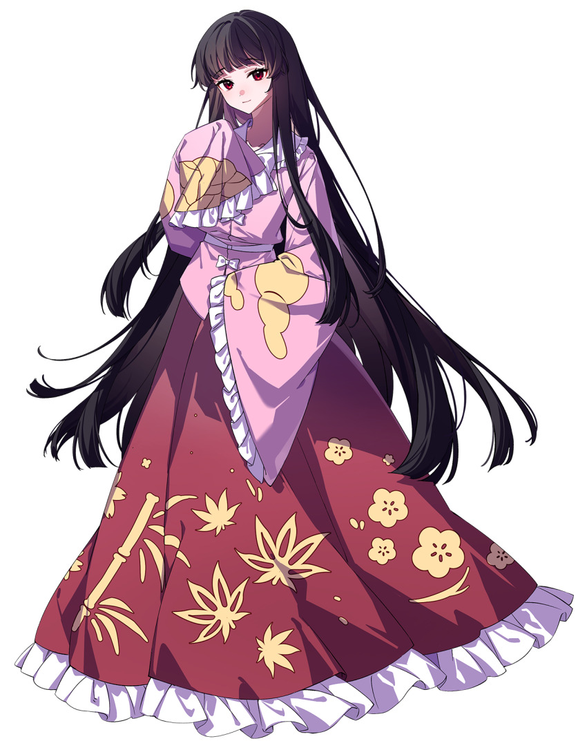 1girl bamboo_print black_hair bow bowtie closed_mouth collared_shirt commentary commentary_request english_commentary floral_print frilled_shirt_collar frilled_skirt frilled_sleeves frills full_body highres houraisan_kaguya leaf_print long_hair long_skirt long_sleeves looking_at_viewer mixed-language_commentary pink_shirt print_skirt psd_available red_eyes second-party_source shirt skirt sleeves_past_fingers sleeves_past_wrists smile solo ssm_(ssm82048039) tachi-e touhou transparent_background very_long_hair white_bow white_bowtie wide_sleeves