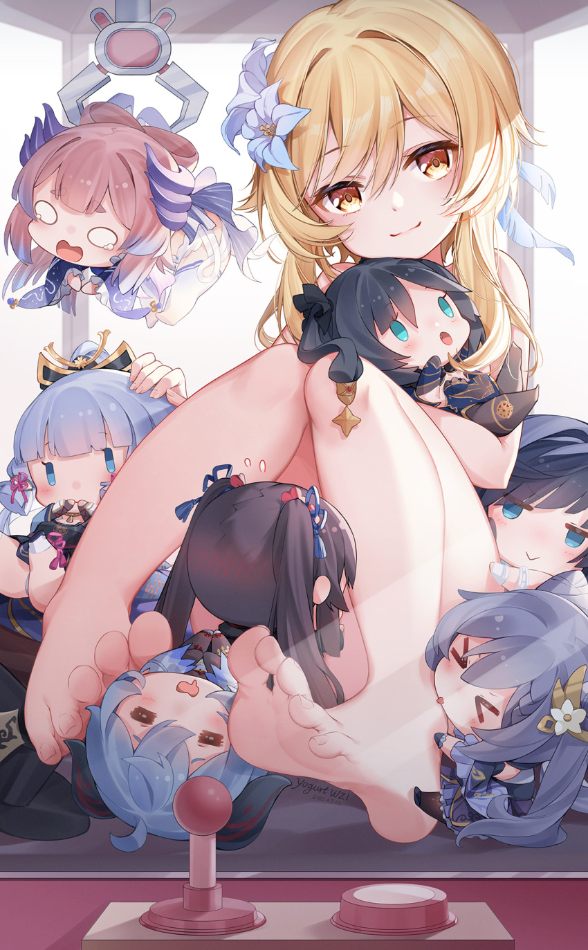 ayaka_(genshin_impact) blonde_hair character_doll crane_game doll feet flower ganyu_(genshin_impact) genshin_impact hair_flower hair_ornament highres hu_tao_(genshin_impact) keqing_(genshin_impact) long_hair lumine_(genshin_impact) mona_(genshin_impact) multiple_girls sangonomiya_kokomi stuffed_toy suaynnai_wanzi tagme yelan_(genshin_impact) yellow_eyes