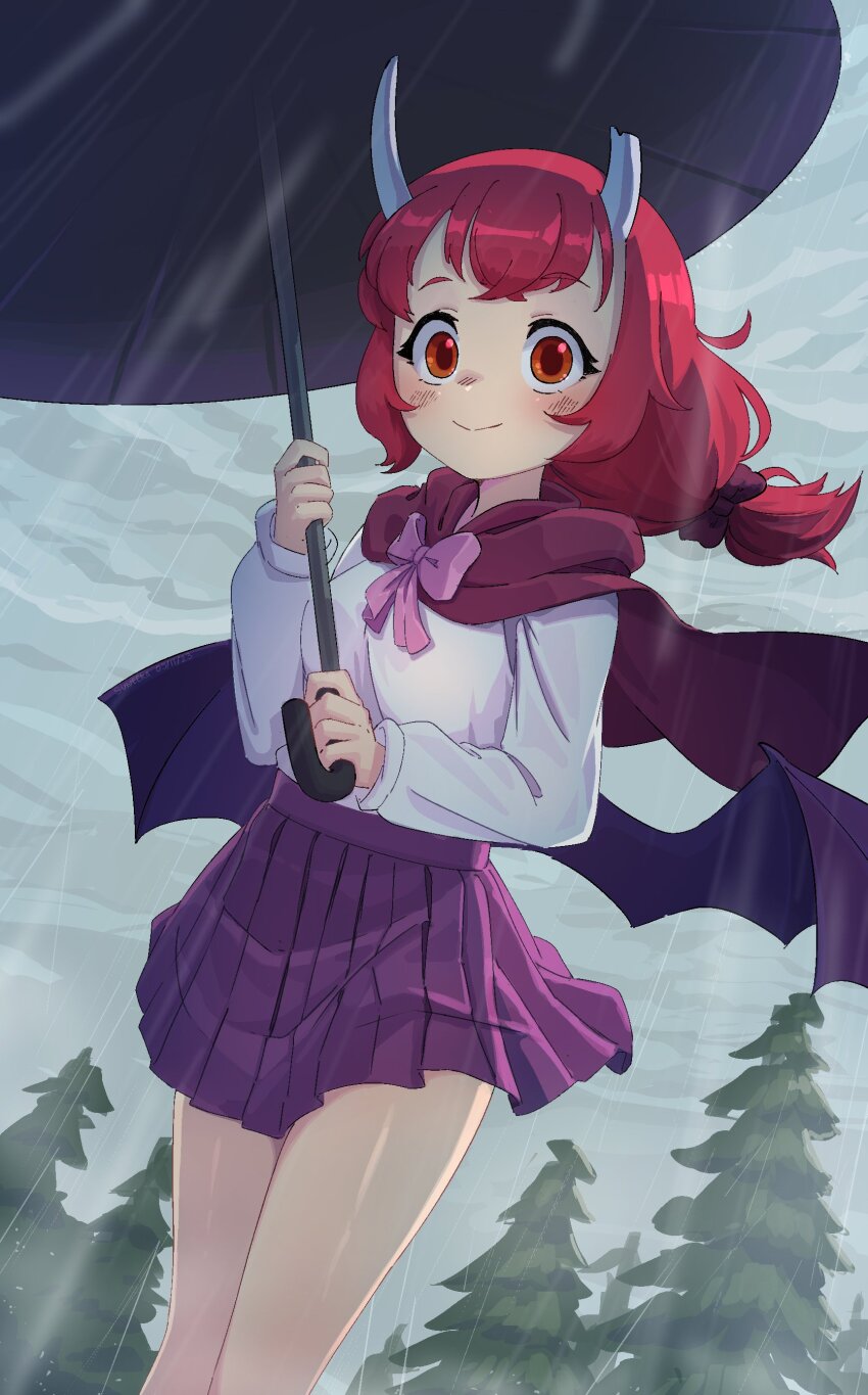 1girl absurdres blush bow bowtie broken_horn capelet closed_mouth highres holding holding_umbrella horns long_hair long_sleeves looking_at_viewer low-tied_long_hair low_wings miniskirt original outdoors pink_bow pink_bowtie purple_skirt rain red_eyes red_hair shirt skirt smile solo suweeka tree umbrella white_shirt wings