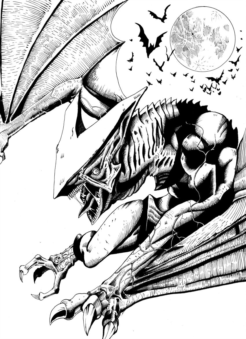 christian_willett daiei_film emaciated full_moon gamera:_guardian_of_the_universe gamera_(series) giant giant_monster greyscale gyaos highres kaiju monochrome monster moon multiple_persona muscular no_humans sketch super_gyaos veins veiny_arms veiny_feet wings