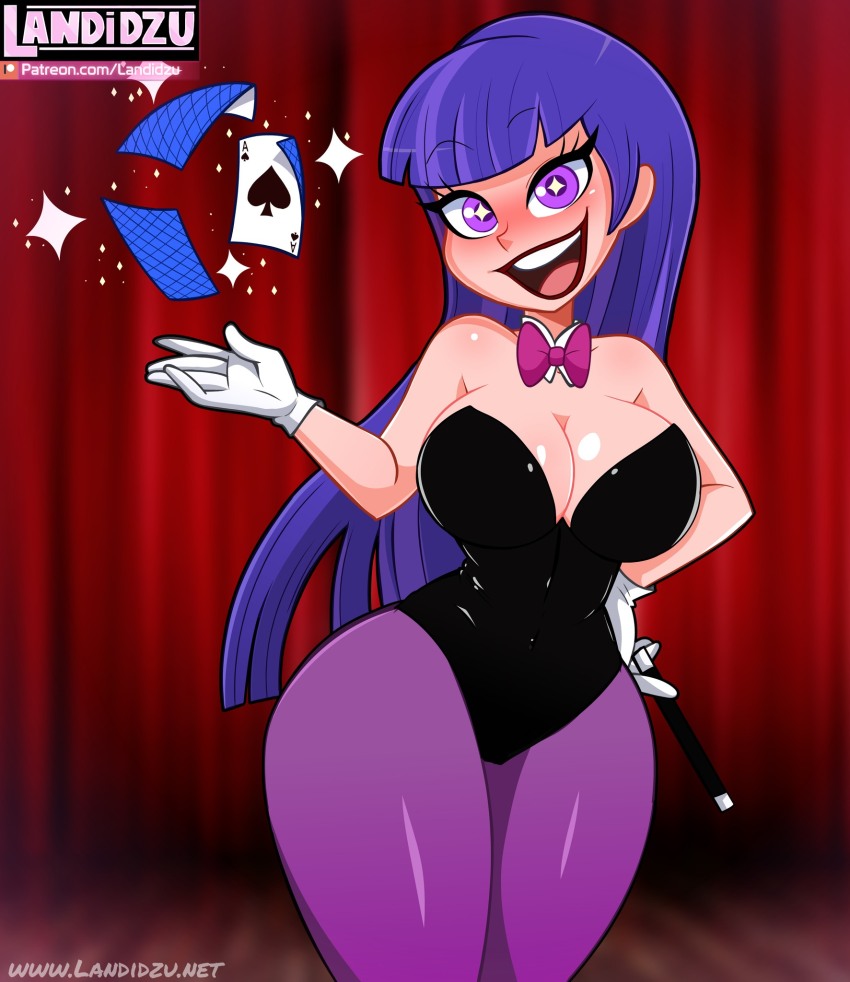 1girl 2023 alternate_breast_size artist_logo artist_name big_breasts blush bow bowtie breasts card costume curvy dc_comics dc_super_hero_girls eyelashes female female_focus highres landidzu leotard logo long_hair magic open_mouth pantyhose purple_eyes purple_legwear purple_pantyhose smile solo_focus tagme thick_thighs thighs zatanna zatanna_zatara zee_zatara