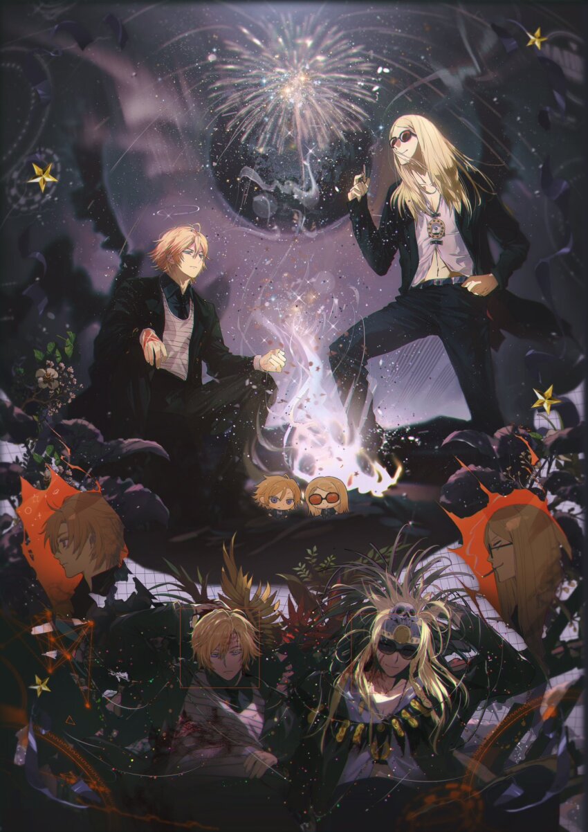 23hr55min 2boys black_coat black_pants blonde_hair blood blood_on_face blue_eyes coat daybit_sem_void fate/grand_order fate_(series) highres long_hair multiple_boys pants purple_eyes sunglasses tezcatlipoca_(fate) tezcatlipoca_(third_ascension)_(fate)