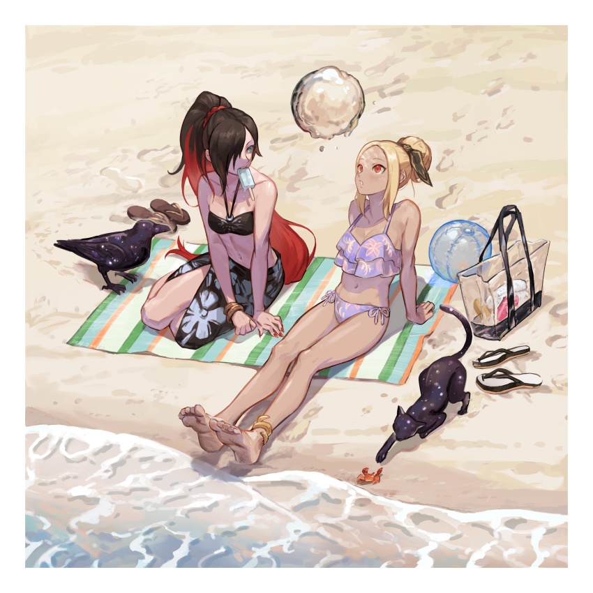 2girls absurdres anklet barefoot beach beach_towel bikini bird black_bikini black_hair blonde_hair cat crab crow crow_(gravity_daze) dark-skinned_female dark_skin dusty_(gravity_daze) floating floating_object floral_print footprints frilled_bikini frills gravity_daze hair_over_one_eye highres jewelry kitten_(gravity_daze) mossan351 multicolored_hair multiple_girls ponytail purple_bikini red_eyes red_hair sand sarong side-tie_bikini_bottom swimsuit towel two-tone_hair water