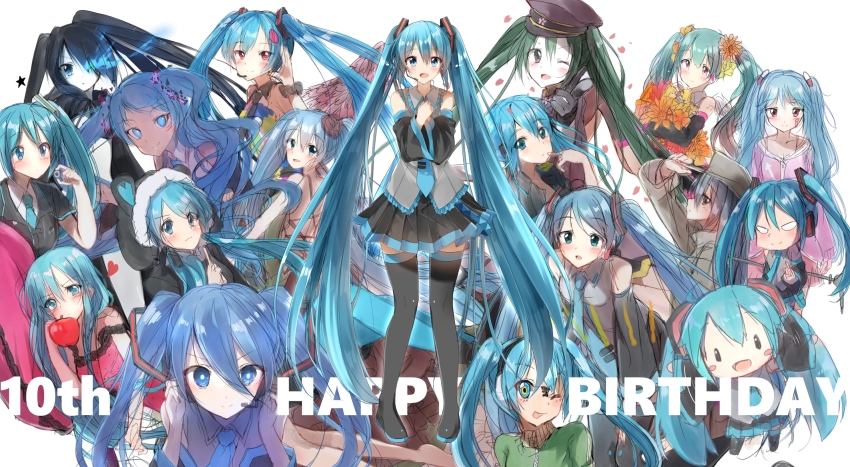 6+girls alternate_costume alternate_hairstyle anniversary aqua_eyes aqua_hair black_rock_shooter black_rock_shooter_(character) black_rock_shooter_(cosplay) blush boots commentary_request cosplay detached_sleeves hatsune_miku hatsune_miku_(green_ponpoko) hatsune_miku_(siren) highres kochira_koufuku_anshin_iinkai_desu_(vocaloid) long_hair multiple_girls multiple_persona multiple_views necktie open_mouth pentagon_(railgun_ky1206) senbon-zakura_(vocaloid) simple_background skirt smile thigh_boots thighhighs twintails variations very_long_hair vocaloid white_background