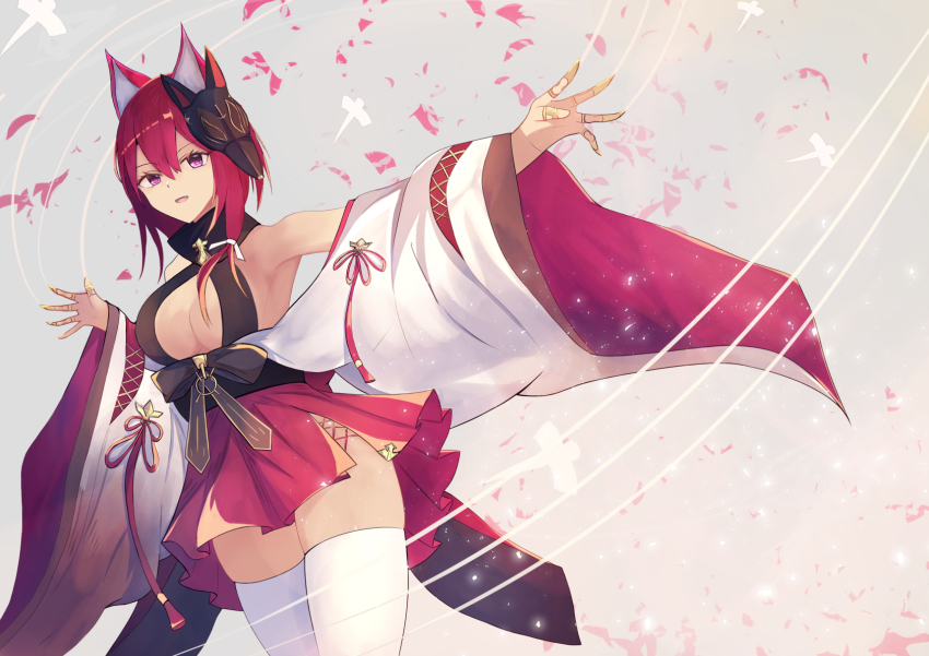 1girl animal_ears azur_lane bare_shoulders breasts center_opening chitose_(azur_lane) claw_ring fox_mask hair_between_eyes hane_(feathe02) highres hut looking_at_viewer mask mask_on_head medium_breasts purple_eyes red_hair red_skirt skindentation skirt solo thighhighs white_thighhighs wide_sleeves zettai_ryouiki