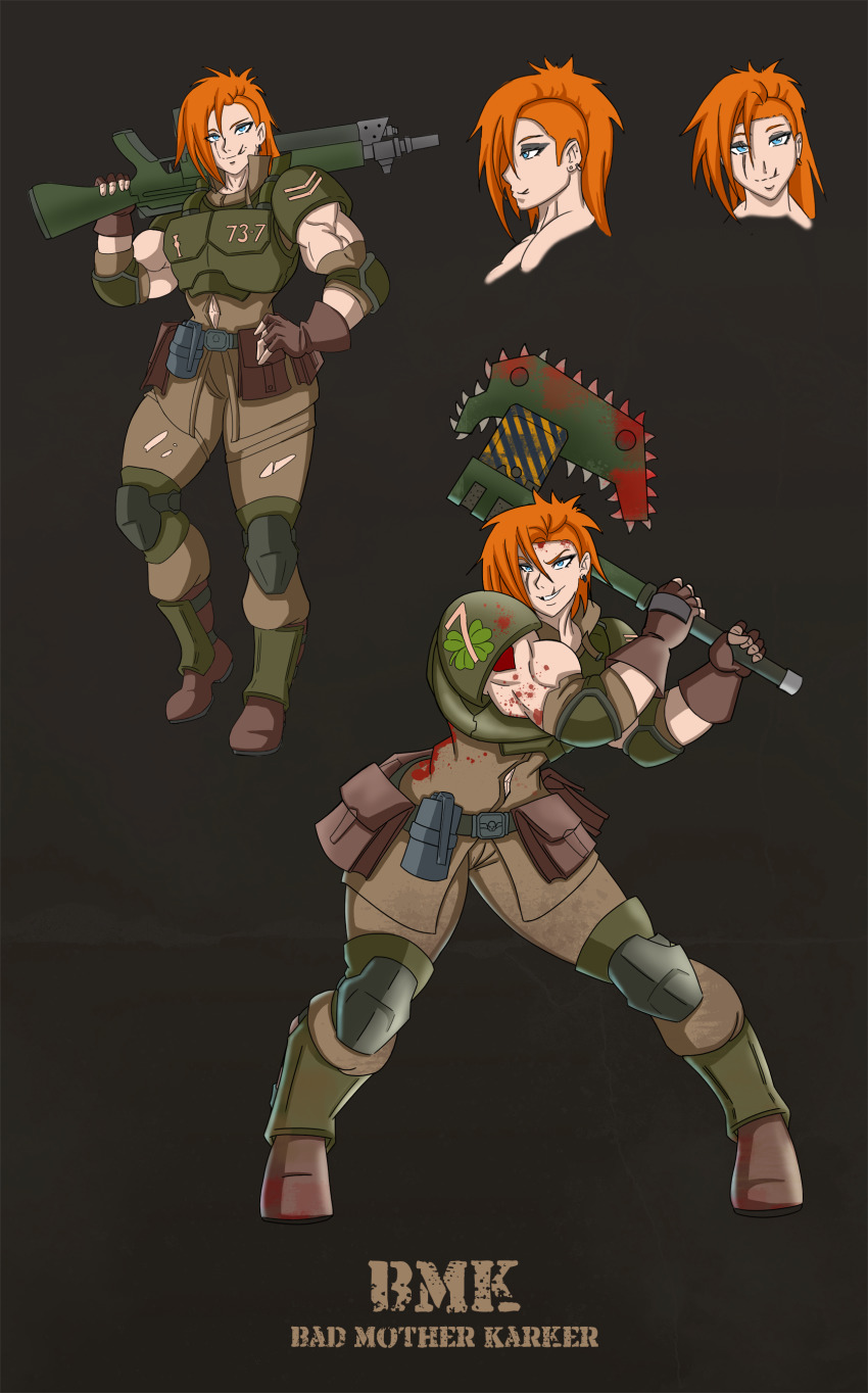 1girl absurdres ammunition_pouch armor astra_militarum blood blood_on_clothes blood_on_face blue_eyes boots chain_axe clover directed-energy_weapon earrings energy_gun energy_weapon english_text explosive fingerless_gloves four-leaf_clover gespenjaeger gloves grenade gun highres jewelry knee_pads laser_gun laser_weapon lasgun muscular muscular_female orange_hair over_shoulder pouch rifle scar scar_across_eye scar_on_face single_earring solo spiked_hair warhammer_40k weapon weapon_over_shoulder