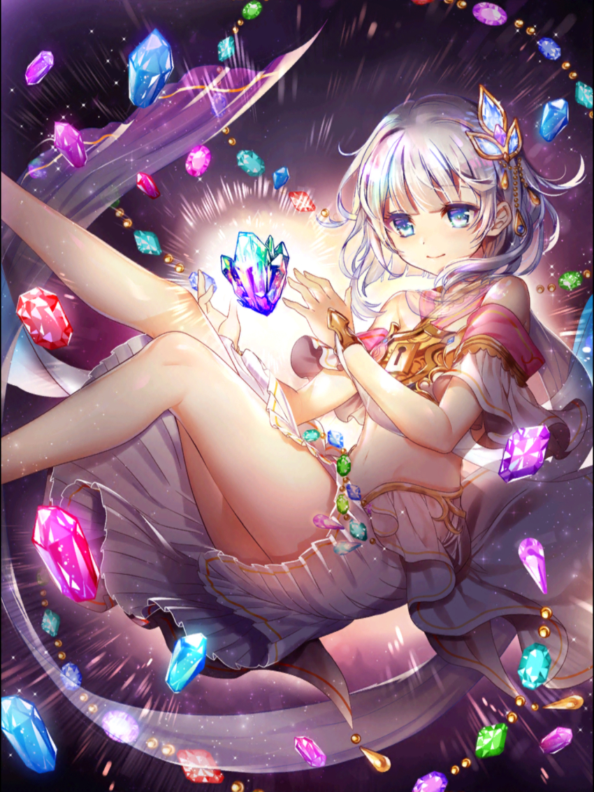 1girl baizu_(guszx) bare_shoulders black_background blue_eyes blue_gemstone blush breasts closed_mouth collarbone cowboy_shot emphasis_lines gem gem_hair_ornament green_gemstone grey_hair hair_ornament highres jewelry keyhole looking_at_viewer medium_hair miniskirt navel pink_gemstone pleated_skirt purple_gemstone red_gemstone resized shironeko_project short_sleeves simple_background skirt small_breasts smile solo thighs tina_topia upscaled