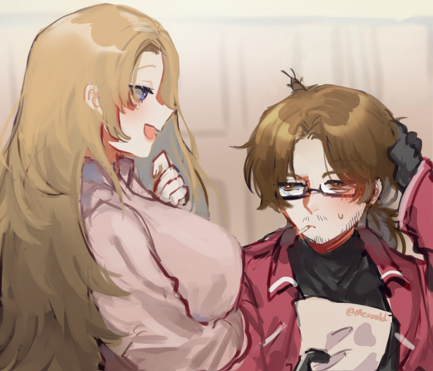 1boy 1girl absurdres beard black_gloves black_shirt blue_eyes breasts brown_eyes brown_hair bug cockroach facial_hair glasses gloves gregor_(project_moon) hand_up highres holding holding_paper insect jacket large_breasts limbus_company long_hair low_ponytail mesoold open_mouth paper parted_bangs pink_jacket pink_shirt ponytail project_moon rodion_(project_moon) shirt smile very_long_hair