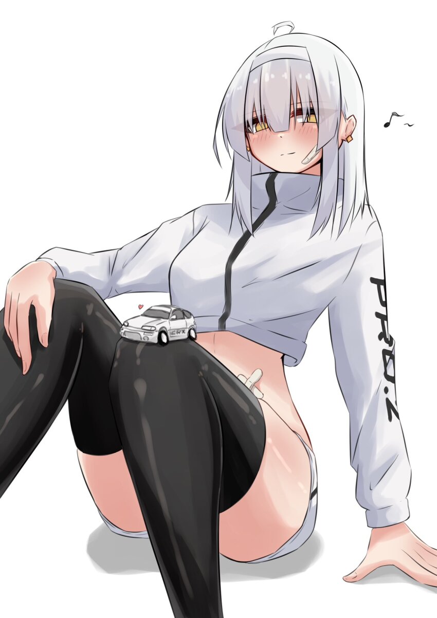 1girl bandaid bandaid_on_cheek bandaid_on_face black_thighhighs breasts commentary cowlick cropped_jacket hairband heart highres honda honda_cr-x jacket looking_down medium_breasts medium_hair musical_note no_pupils original personification shorts simple_background sitting smile solo stance_(vehicle) symbol-only_commentary thighhighs toy_car vehicle_and_personification white_background white_eyes white_hair white_hairband white_jacket white_shorts yatsuhashi_(eguri893)