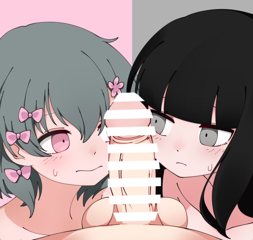 1boy 2girls bar_censor black_hair blunt_bangs blush bow censored closed_mouth collarbone completely_nude crossover flower green_hair grey_eyes hair_between_eyes hair_bow hair_flower hair_ornament hetero highres inabakumori iyowa_girls kurari-chan_(iyowa) kyu-kurarin_(cevio) long_hair looking_at_penis multiple_girls multiple_hair_bows nazunobasho nude osage_(nukunuku_nigirimeshi) penis penis_awe pink_bow pink_eyes pink_flower pov short_hair sidelocks split_theme sweat testicles variant_set veins veiny_penis wavy_mouth