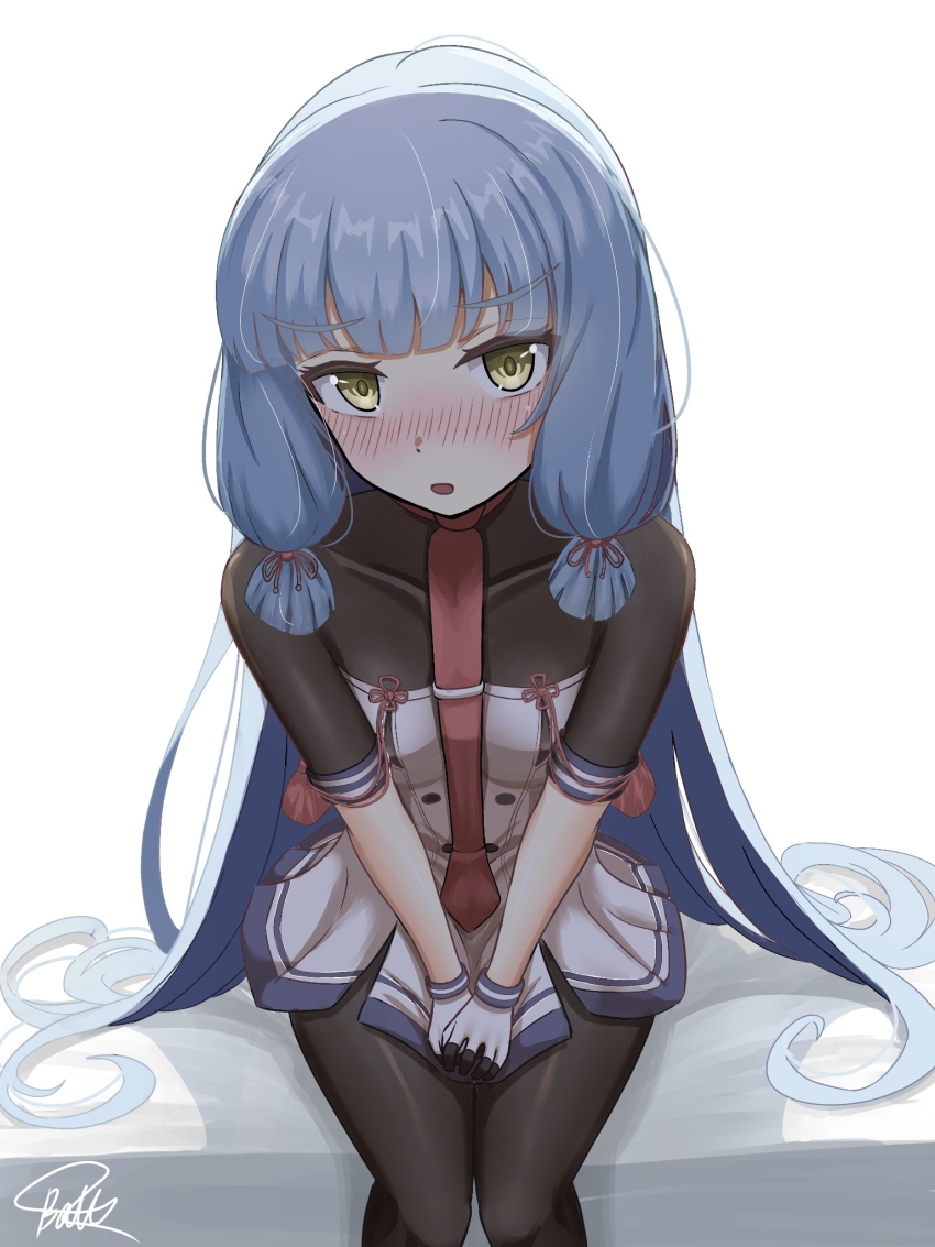 1girl batta_no_tsukudani black_pantyhose blunt_bangs blunt_tresses blush breasts dress gloves grey_hair hair_ribbon highres kantai_collection long_hair looking_at_viewer murakumo_(kancolle) murakumo_kai_ni_(kancolle) necktie nose_blush pantyhose red_necktie ribbon sailor_dress short_eyebrows sidelocks small_breasts solo tress_ribbon undershirt very_long_hair yellow_eyes