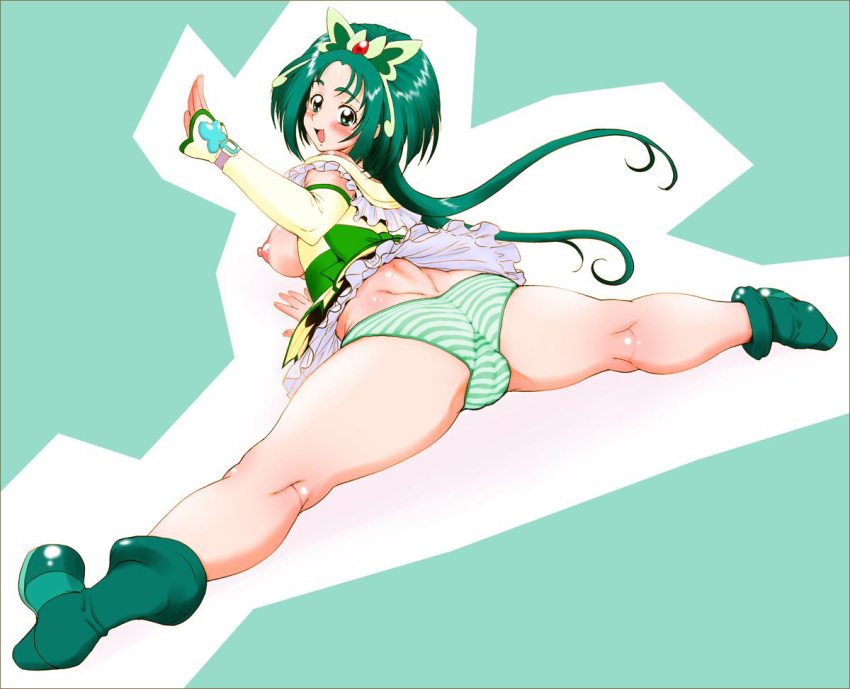 00s 1girl akimoto_komachi anal_hair anus ass bent_over boots bottomless breasts cleft_of_venus cure_mint detached_sleeves elbow_gloves fat_mons female_focus female_pubic_hair gloves green_eyes green_hair long_hair looking_back lying magical_girl matching_hair/eyes mura-san nipples panties precure pubic_hair pussy sitting_split solo split spread_legs striped_clothes striped_panties trefoil underwear waving yes!_precure_5