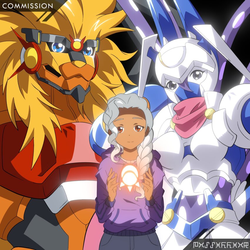 apollomon armor crescent_moon dark-skinned_female dark_skin dianamon digimon digimon_(creature) highres looking_at_viewer mask moon officialseraphimon unworn_mask