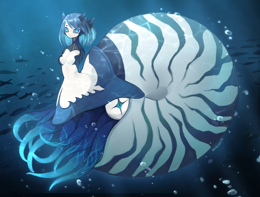 1girl ammonite black_background blue_eyes blue_hair blue_skin closed_mouth colored_inner_hair colored_skin completely_nude extra_eyes full_body highres horns long_neck looking_at_viewer monster_girl multicolored_hair multicolored_skin multiple_horns no_arms no_legs nude original ruteko_(ruko220) shell short_eyebrows short_hair simple_background slit_pupils solo symbol-shaped_pupils taur tentacles twitter_username white_hair white_skin