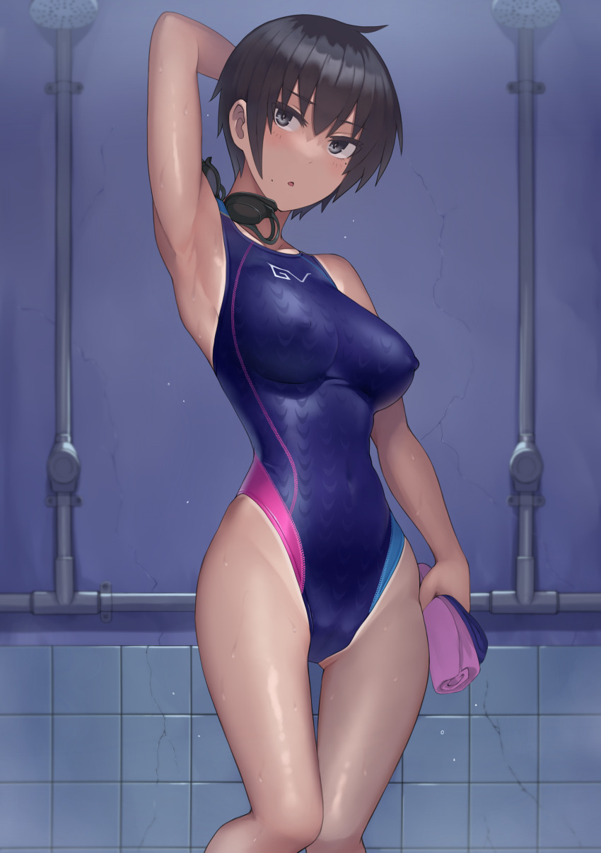 1girl absurdres arm_at_side arm_behind_head armpits black_eyes black_hair blue_one-piece_swimsuit breasts cameltoe commentary competition_swimsuit covered_erect_nipples covered_navel goggles hair_between_eyes highleg highleg_one-piece_swimsuit highres holding holding_towel kuronami_(lvi) looking_at_viewer lvi medium_breasts one-piece_swimsuit one-piece_tan original paid_reward_available parted_lips short_hair shower_(place) shower_head showering solo standing swimsuit tan tanline thigh_gap tile_wall tiles tomboy towel unworn_goggles unworn_swim_cap very_short_hair