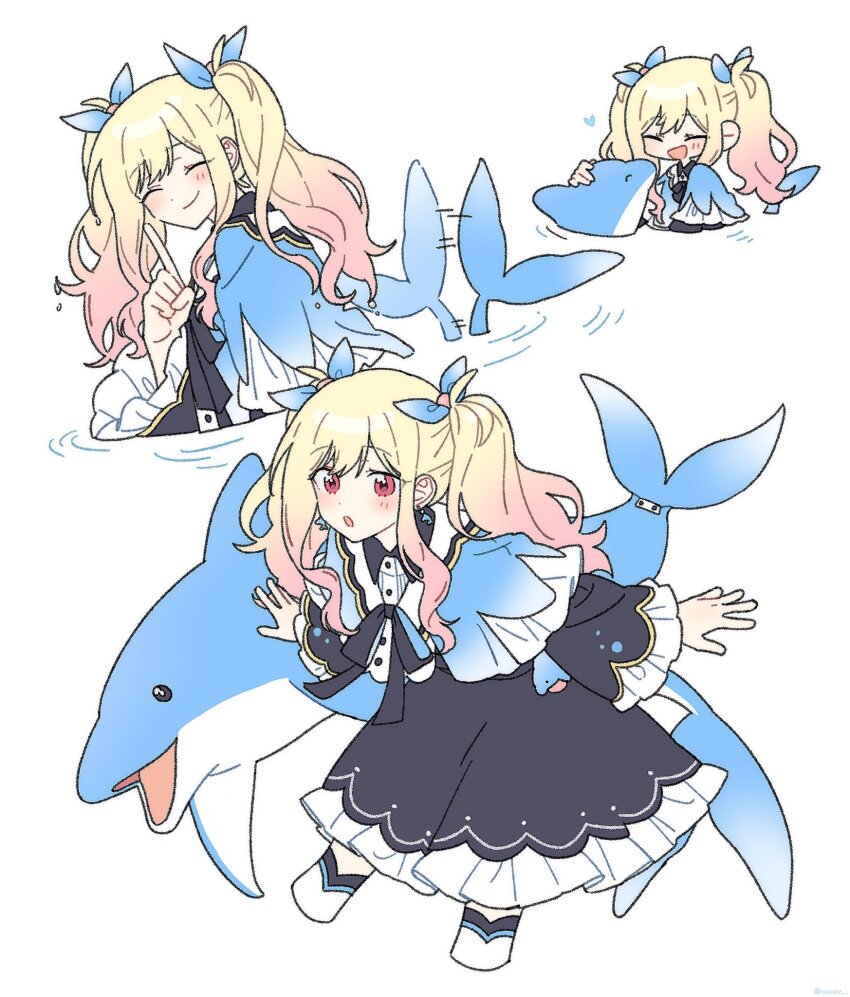 1girl :d :o ^_^ arms_at_sides black_bow black_dress blonde_hair blue_capelet blue_ribbon bow capelet closed_eyes cocov commentary dolphin dress frills from_side full_body gradient_hair hair_ribbon hand_up heart highres index_finger_raised long_dress long_sidelocks long_sleeves looking_at_viewer multicolored_hair multiple_views open_mouth partially_submerged petting pink_hair project_sekai red_eyes ribbon shoes sidelocks simple_background smile swept_bangs symbol-only_commentary tail tail_wagging tenma_saki three_quarter_view twintails twitter_username upper_body white_background white_shoes wide_sleeves