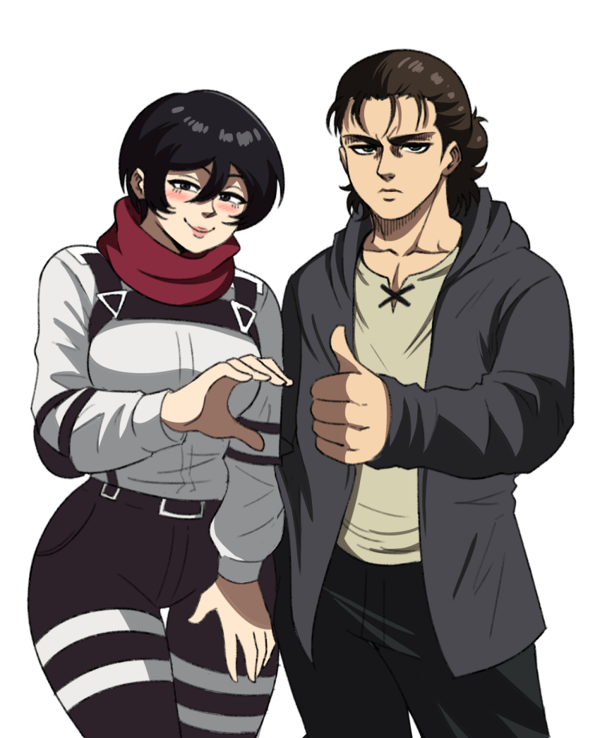 1boy 1girl angry annoyed awkward black_hair blush brown_eyes brown_hair eren_yeager hand_on_thigh heart heart_hands highres mikasa_ackerman shingeki_no_kyojin smile thumbs_up