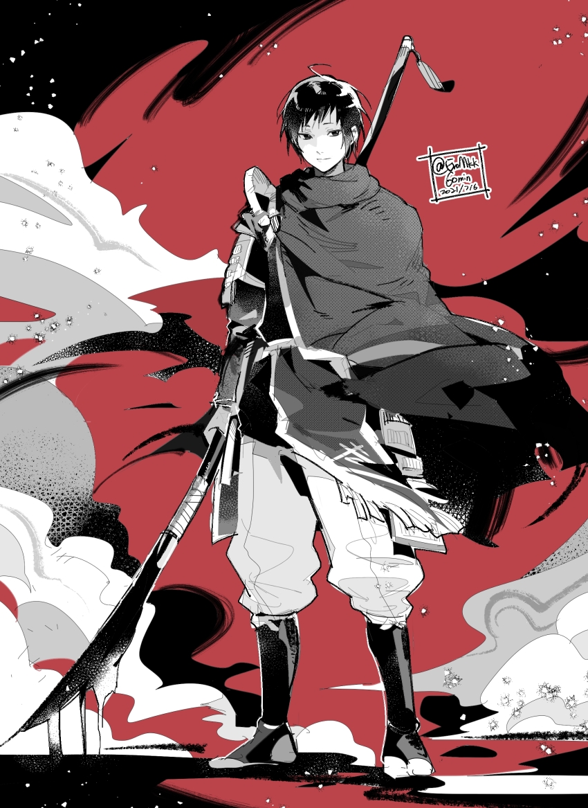 1boy absurdres ahoge arm_at_side armor blood bloody_weapon cloak closed_mouth dripping eromkk floating_clothes full_body fumetsu_no_anata_e greyscale_with_colored_background highres holding holding_polearm holding_weapon japanese_armor kahaku_(fumetsu_no_anata_e) kusazuri light_smile male_focus monochrome naginata pants polearm red_background sash short_hair shoulder_armor sode solo sparkle jika-tabi weapon wind