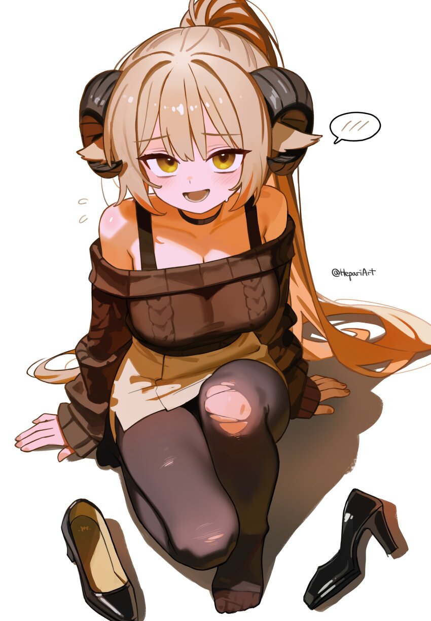 1girl absurdres animal_ears arm_support armpit_crease bare_shoulders black_choker black_pantyhose black_shoes blush borrowed_character breasts brown_hair brown_skirt brown_sweater cable_knit choker cleavage collarbone commentary curled_horns english_commentary enna_(deadthingyz) flying_sweatdrops from_above full_body goat_ears goat_girl goat_horns hair_intakes hands_on_ground hepari high_heels highres horns knee_up large_breasts long_hair long_sleeves looking_at_viewer looking_up lower_teeth_only miniskirt no_shoes off-shoulder_sweater off_shoulder open_mouth original pantyhose ponytail raised_inner_eyebrows shadow shoes simple_background sitting skirt sleeves_past_wrists solo speech_bubble spoken_blush sweatdrop sweater teeth torn_clothes torn_pantyhose unworn_shoes very_long_hair white_background yellow_eyes