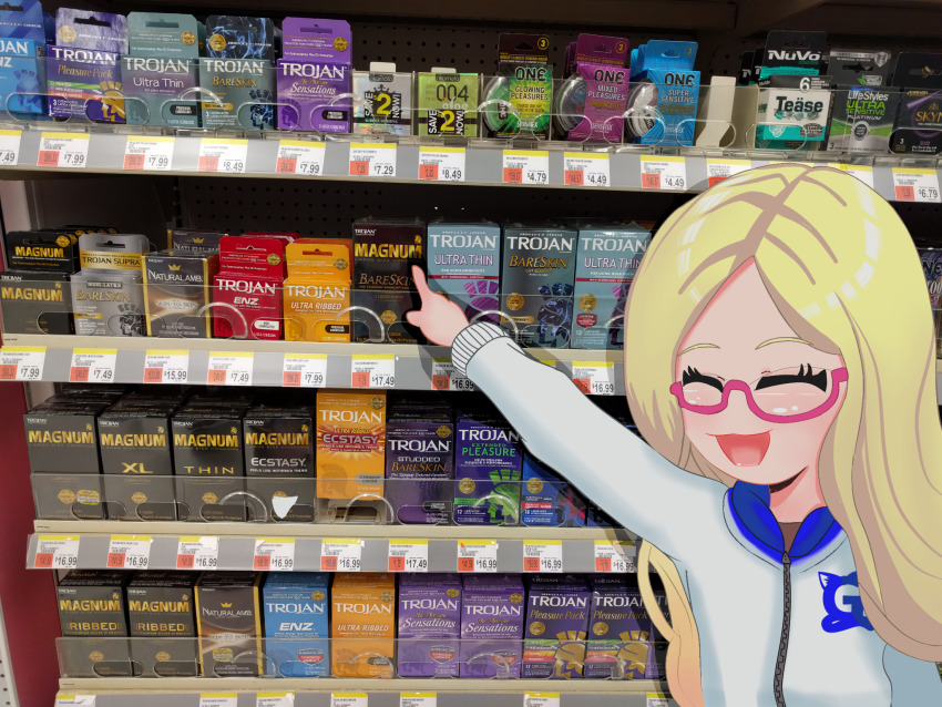 1girl :3 :d aisle arm_up blonde_hair buying_condoms closed_eyes condom condom_box eyelashes feet_out_of_frame forehead gelbooru gelbooru-tan glasses gradient_hair happy highres long_hair long_sleeves meme multicolored_hair non-web_source open_mouth orange_hair photo_background pointing shadow smile solo sweater two-tone_hair unepicroachy upper_body zipper zipper_pull_tab