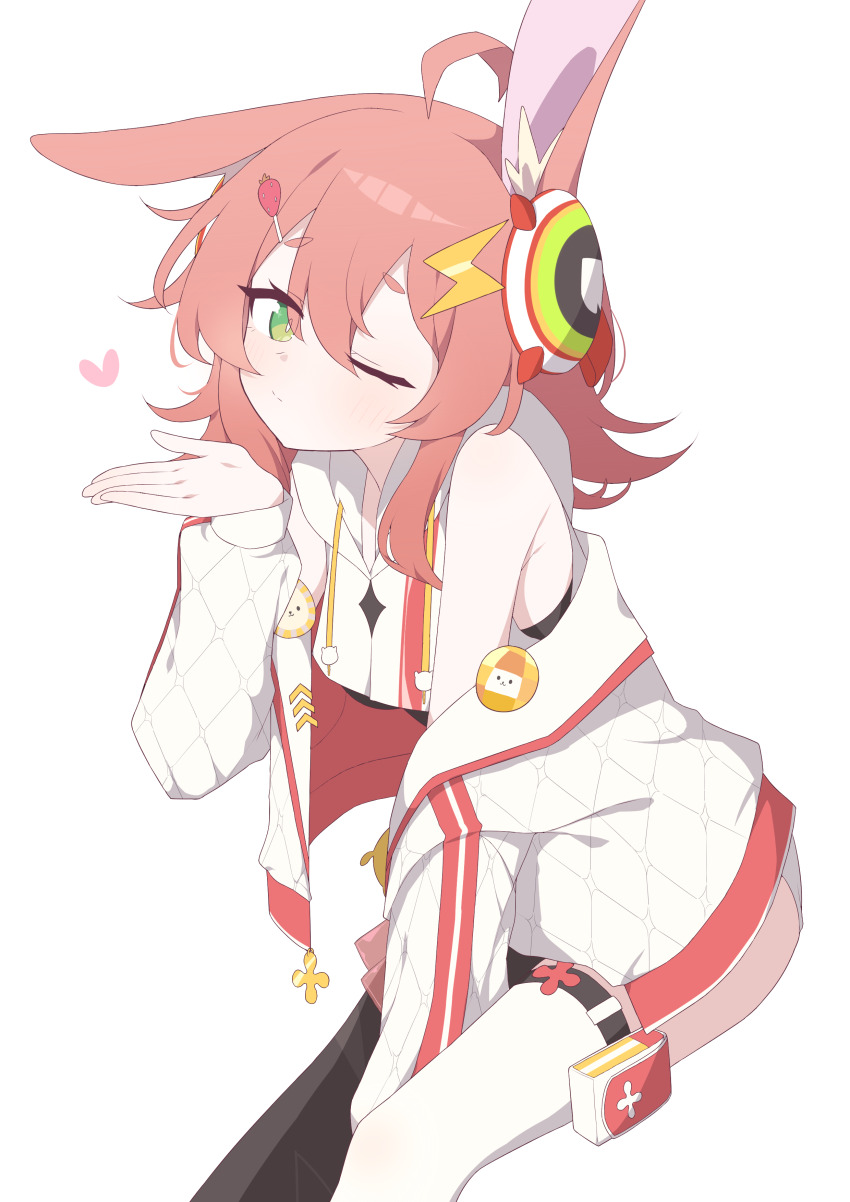 1girl absurdres animal_ears bare_shoulders black_thighhighs green_eyes hagoonha highres looking_at_viewer maimai_(game) pink_hair rabbit_ears ras_(maimai) solo thighhighs thighs two-tone_thighhighs white_thighhighs