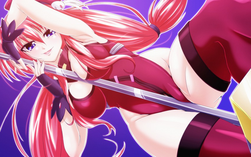 1girl aged_up blue_eyes female_focus fingerless_gloves gloves graf_eisen hat highres long_hair lyrical_nanoha pole_grind red_hair solo tappa_(esperanza) very_long_hair vita_(nanoha)