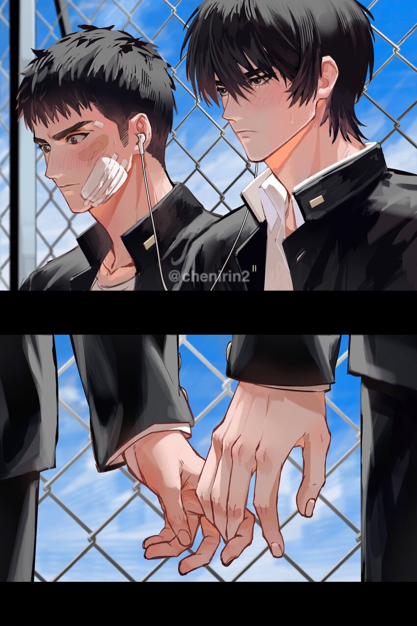 2boys absurdres bandage_on_face bandages bandaid bandaid_on_face black_hair blush brown_eyes closed_mouth earphones gakuran hair_between_eyes highres holding_hands long_sleeves male_focus mitsui_hisashi multiple_boys rin_(chenirin2) rukawa_kaede school_uniform shared_earphones shirt short_hair sky slam_dunk_(series) twitter_username white_shirt yaoi