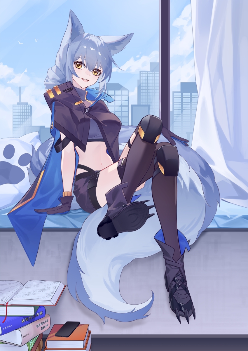 1girl :d animal_ears arknights arm_support black_boots black_gloves black_shorts black_thighhighs blue_hair blue_sky book book_stack boots city cloud commentary_request crop_top crossed_legs day gloves highres indoors large_tail long_hair looking_at_viewer midriff navel open_mouth provence_(arknights) provence_(xz002) short_shorts shorts sitting sky smile solo stomach tail thighhighs wolf_ears wolf_tail yellow_eyes