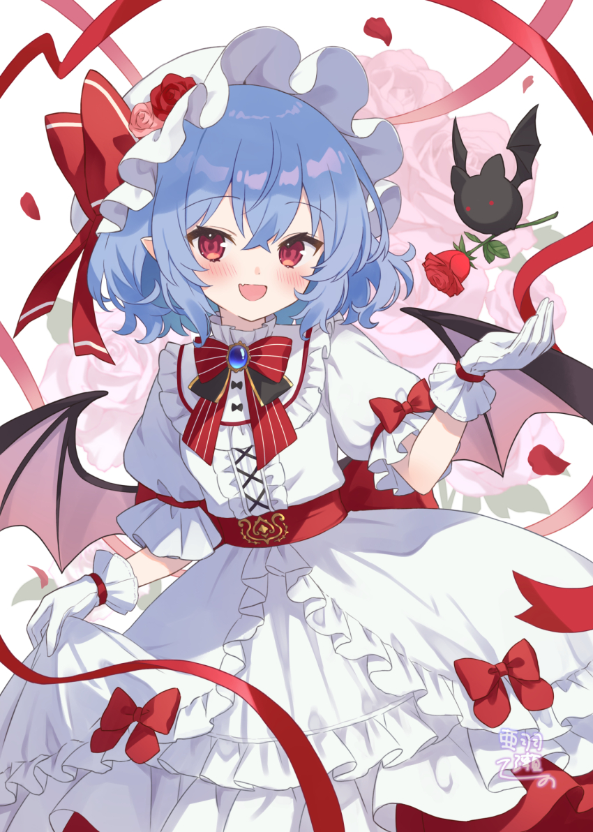 1girl :d adapted_costume ahase_hino back_bow bat_(animal) bat_wings blue_brooch blue_hair blush bow bowtie brooch center_frills collared_dress commentary cowboy_shot cross-laced_clothes cross-laced_dress crossed_bangs dress falling_petals fang floral_background flower frilled_dress frilled_shirt_collar frills gloves hand_up hat hat_bow hat_flower highres jewelry layered_dress leaf mob_cap open_mouth petals pink_flower pink_rose red_bow red_eyes red_flower red_petals red_ribbon red_rose remilia_scarlet ribbon rose short_hair signature skin_fang skirt_hold smile solo striped_bow striped_bowtie striped_clothes touhou white_dress white_gloves white_hat wings