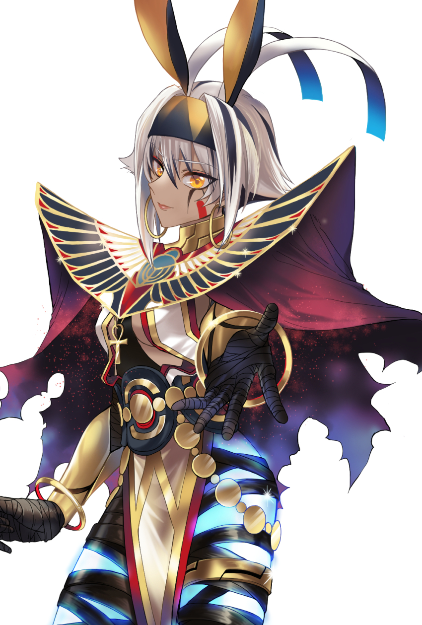 1girl ancient_egyptian ancient_egyptian_clothes animal_ears ankh ankh_necklace bandages belly_chain black_bandages breasts dark-skinned_female dark_skin earrings facepaint facial_mark fate/grand_order fate_(series) glowing_skin highres hoop_earrings jackal_ears jewelry leila_(yurisouls) long_hair looking_at_viewer multicolored_hair nemes nitocris_(fate) nitocris_alter_(fate) outstretched_hand red_lips simple_background solo usekh_collar white_background white_hair yellow_eyes