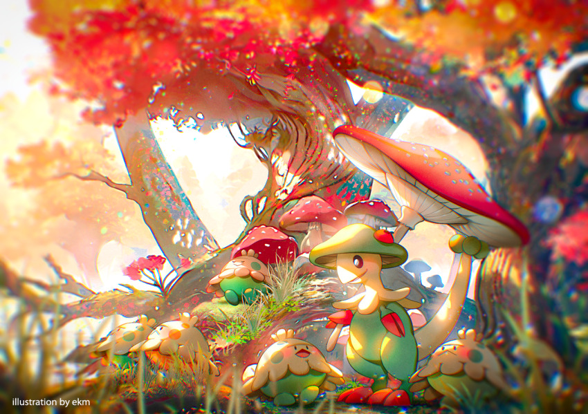 artist_name blurry breloom bright_pupils commentary_request day depth_of_field ekm evolutionary_line eye_contact gen_3_pokemon giant_mushroom looking_at_another looking_down mushroom nintendo no_humans outdoors pokemon pokemon_(creature) shroomish smile standing tree