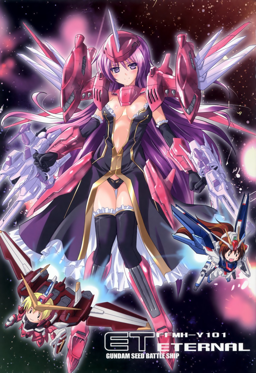3girls :3 :d puff_of_air absurdres armor black_legwear black_panties blonde_hair breasts brown_hair center_opening chibi eternal_(gundam) explosion freedom_gundam gundam gundam_seed highres justice_gundam komatsu_eiji long_hair mecha_musume medium_breasts meteor multiple_girls open_mouth panties personification purple_eyes purple_hair smile thighhighs underwear very_long_hair weapon |_|