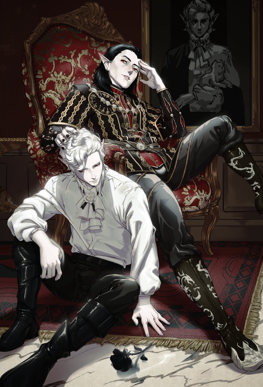 2boys absurdres anatoiler ascot astarion baldur&#039;s_gate baldur&#039;s_gate_3 black_flower black_footwear black_hair black_nails black_pants black_rose cazador_szarr chair dungeons_&amp;_dragons dungeons_&amp;_dragons elf flower hand_on_another&#039;s_head highres long_sleeves male_focus medium_hair multiple_boys on_chair on_floor pants pointy_ears portrait_(object) red_eyes rose shirt short_hair smile white_flower white_hair white_rose white_shirt