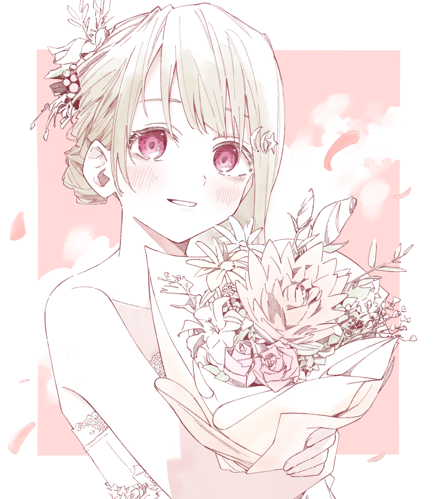 1girl asymmetrical_hair bare_shoulders blush bob_cut border bouquet brown_hair commentary_request crescent crescent_hair_ornament dress flower flower_request hair_bun hair_flower hair_ornament haruruhaharur highres holding holding_bouquet looking_at_viewer love_live! love_live!_nijigasaki_high_school_idol_club nakasu_kasumi outside_border pale_color pink_background red_eyes short_hair smile solo strapless strapless_dress upper_body white_border