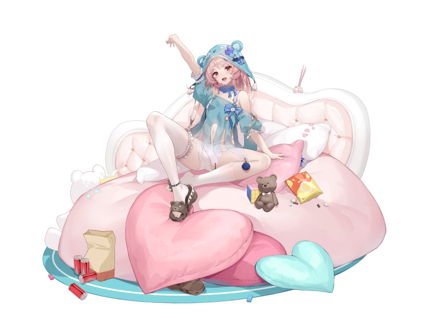 1girl absurdres animal_ears aqua_shirt arm_up bare_shoulders black_footwear blue_hat blush bra breasts fang frilled_thigh_strap fritia_ignis hat highres looking_at_viewer medium_hair navel off_shoulder open_mouth pillow pink_hair red_eyes revealing_clothes shanyao_jiang_tororo shirt short_shorts shorts simple_background sitting small_breasts snowbreak:_containment_zone solo spread_legs stuffed_animal stuffed_toy teddy_bear thigh_strap thighhighs underwear white_background white_bra white_shorts white_thighhighs