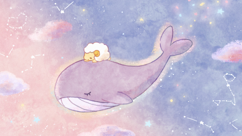 absurdres animal animal_focus closed_eyes closed_mouth cloud commentary_request constellation eyelashes floating full_body heart highres mian_(user_kwcj2833) no_humans original riding sheep star_(sky) star_(symbol) whale
