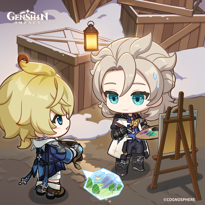 2boys absurdres albedo_(genshin_impact) aqua_eyes black_footwear black_gloves black_pants blonde_hair blue_eyes boots chibi closed_mouth coat commentary copyright_name crate dot_nose easel english_commentary genshin_impact gloves grey_hair highres holding holding_paintbrush hood hood_down light_smile looking_at_another male_focus medium_hair mika_(genshin_impact) multiple_boys official_art open_mouth paintbrush paint_palette pants parted_bangs ponytail short_ponytail snow sweatdrop vision_(genshin_impact) white_coat