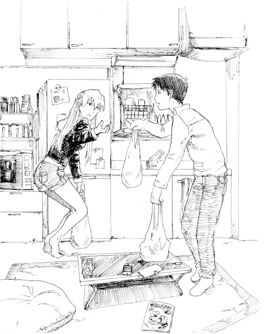 1boy 1girl apartment bag couple denim denim_shorts greyscale grocery_bag highres holding holding_bag ikari_shinji kitchen long_hair looking_at_another manga_(object) microwave monochrome neon_genesis_evangelion plastic_bag refrigerator shopping_bag shorts souryuu_asuka_langley suimame