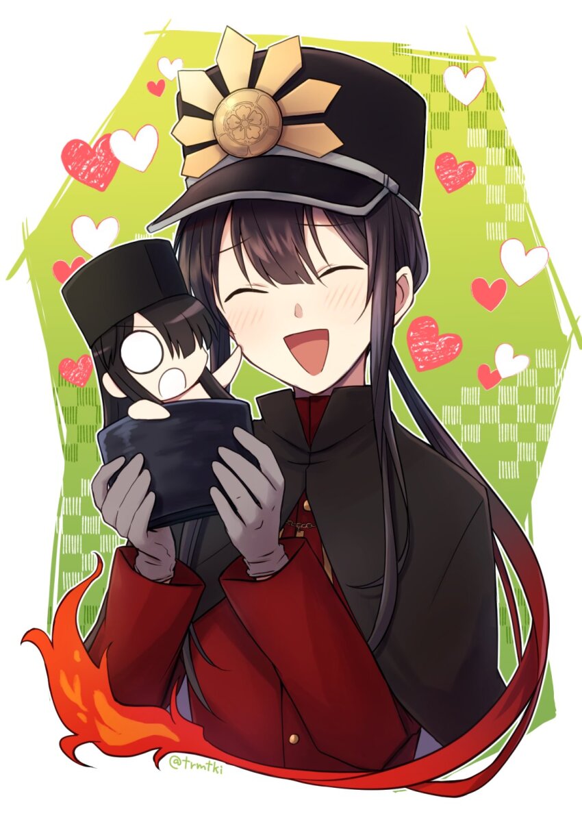 1boy :d :o black_cape black_hair black_hat blank_eyes blush border cape center-flap_bangs checkered_background closed_eyes crest cup family_crest fate/grand_order fate_(series) fiery_hair floating_hair gloves gradient_background green_background grey_gloves hair_between_eyes hair_over_one_eye hand_on_another&#039;s_cheek hand_on_another&#039;s_face hands_up happy hat heart high_collar highres holding holding_cup jacket keikenchi_(style) kepi long_hair long_sleeves low_ponytail male_focus military_hat military_jacket military_uniform mini_nobu_(fate) oda_nobukatsu_(fate) oda_nobunaga_(fate) oda_uri open_mouth ponytail red_jacket sidelocks smile tail_raised teramoto_kei twitter_username v-shaped_eyebrows very_long_hair white_border yunomi