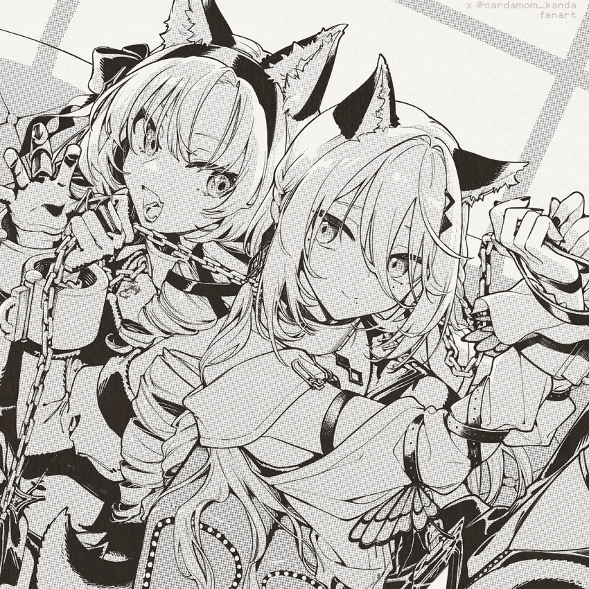 2girls animal_ears bound bound_wrists cardamom_kanda chain chain_leash claw_ring collar commentary_request couch detached_sleeves dress drill_hair fake_animal_ears gloves hair_ornament hairclip highres holding holding_chain hyakumantenbara_salome hyakumantenbara_salome_(1st_costume) juliet_sleeves leash long_hair long_sleeves metal_collar monochrome multiple_girls nijisanji on_couch puffy_long_sleeves puffy_sleeves purple_eyes side_slit skirt smile sophia_valentine sophia_valentine_(1st_costume) sparkling_eyes virtual_youtuber