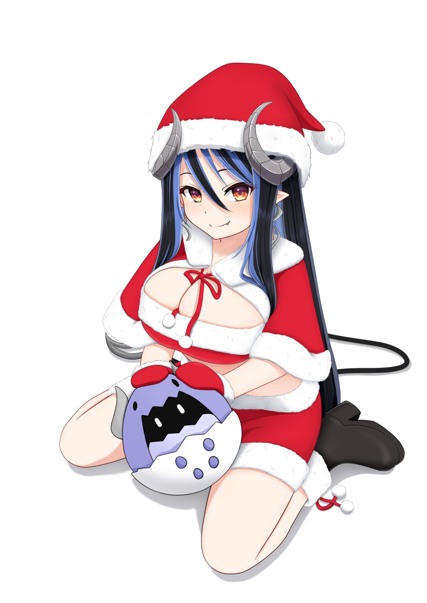 1girl absurdres alternate_costume black_boots black_hair blue_hair blush boots breasts capelet cleavage cuore_0624 curled_horns demon_girl demon_horns fang fang_out full_body fur-trimmed_capelet fur-trimmed_headwear fur-trimmed_skirt fur_trim grey_horns hair_between_eyes hat hebiyoi_tier highres horns large_breasts long_hair looking_at_viewer mittens multicolored_hair nanashi_inc. orange_eyes pointy_ears pom_pom_(clothes) red_capelet red_hat red_mittens red_skirt santa_costume santa_hat seiza sidelocks simple_background sitting skirt solo two-tone_hair virtual_youtuber white_background