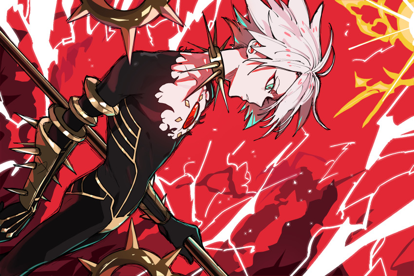 1boy absurdres aqua_eyes armor black_bodysuit bodysuit chest_jewel collar colored_skin ebora electricity eyeshadow fate/grand_order fate_(series) gem hair_between_eyes highres holding holding_polearm holding_weapon karna_(fate) kavacha_(fate) makeup male_focus non-web_source pale_skin parted_lips polearm red_background red_eyeshadow red_gemstone short_hair solo spiked_collar spikes vambraces vasavi_shakti_(fate) weapon white_hair white_skin