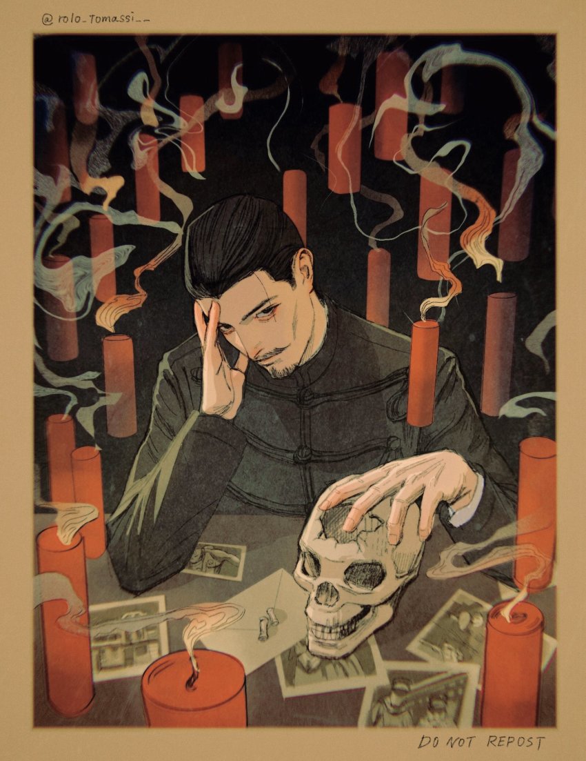 1boy aged_down artist_name black_background black_eyes black_hair black_jacket broken_skull candle closed_mouth collared_jacket english_text envelope facial_hair framed goatee golden_kamuy hair_slicked_back highres holding holding_skull imperial_japanese_army jacket letter long_sleeves looking_at_viewer male_focus military military_uniform mustache photo_(object) rolo_tomassi short_hair simple_background sitting skull smile solo table tsurumi_tokushirou twitter_username upper_body