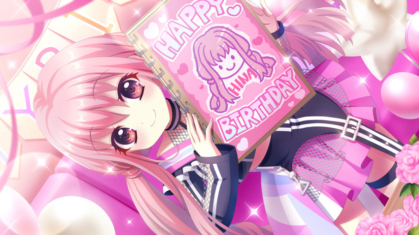1girl asahi_hina balloon closed_mouth dot_nose dutch_angle english_text film_grain fishnets flower game_cg holding holding_notebook idol idol_clothes izumi_tsubasu leaning_forward lens_flare long_hair long_sleeves looking_at_viewer midriff non-web_source notebook official_art pink_eyes pink_flower pink_hair pink_rose pink_skirt re:stage! rose sidelocks skirt smile solo sparkle star_balloon streamers thigh_strap very_long_hair