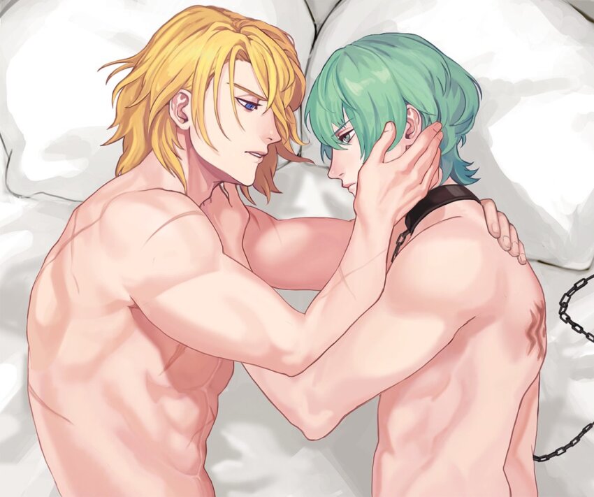 2boys arm_up blue_eyes male_byleth_(enlightened)_(fire_emblem) male_byleth_(fire_emblem) chain closed_mouth collar commentary_request deep_wound fire_emblem fire_emblem:_three_houses green_eyes hair_behind_ear hair_between_eyes hair_over_one_eye injury lying male_focus multiple_boys muscular muscular_male nintendo nude on_side one_eye_covered parted_lips pillow scar scar_on_arm scar_on_back scar_on_chest scar_on_shoulder short_hair sunowuville teeth upper_body wolf_cut yaoi