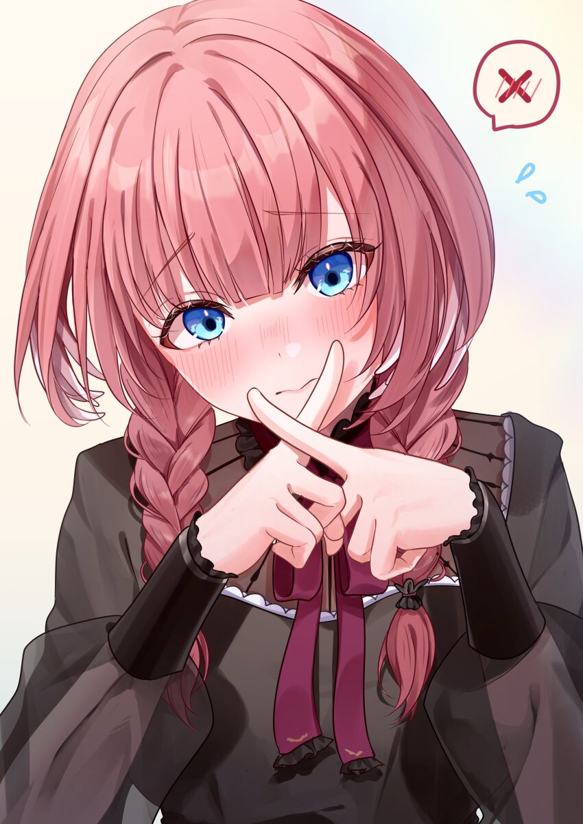1girl absurdres black_dress blue_eyes blush braid closed_mouth commentary_request dress eyelashes grey_background hands_up highres hololive long_hair long_sleeves neck_ribbon official_alternate_costume pink_hair puffy_sleeves purple_ribbon ribbon see-through_clothes see-through_sleeves shagaihi simple_background sleeve_cuffs solo speech_bubble spoken_x takane_lui takane_lui_(casual) twin_braids upper_body virtual_youtuber x_fingers