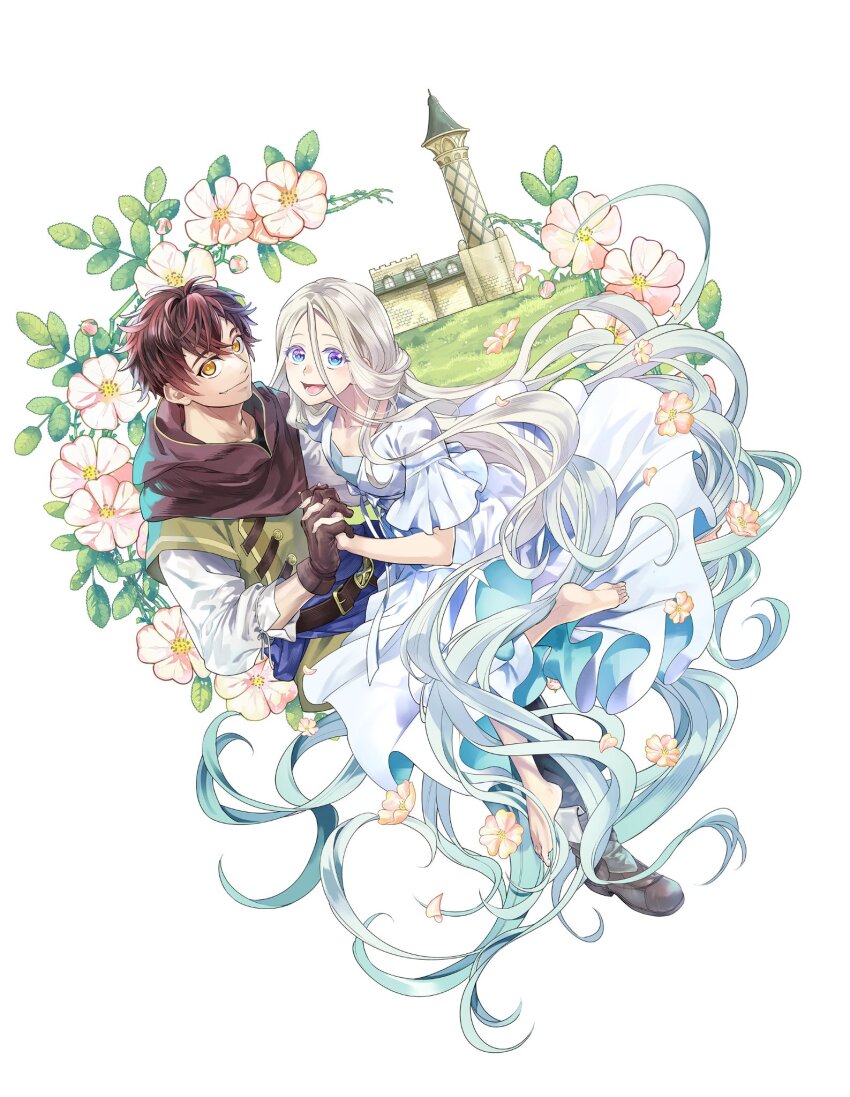 1boy 1girl barefoot belt blue_eyes boots brown_gloves brown_hair brown_hood castle closed_mouth dress flower gloves green_jacket hands_up highres holding_hands jacket long_hair long_sleeves looking_at_viewer marchen_crown mikel_(marchen_crown) official_art open_mouth rapunzel_(marchen_crown) shirt simple_background sleeveless sleeveless_jacket smile very_long_hair white_background white_dress white_hair white_shirt yellow_eyes