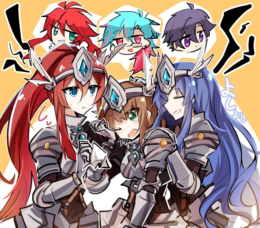 25ocoveryui 2boys 4girls absurdres armor black_hair blue_eyes blue_hair brown_hair closed_eyes crying duvalie eiyuu_densetsu ennea_(sen_no_kiseki) gauntlets green_eyes hair_bun helmet highres holding_tissue ines_(eiyuu_densetsu) long_hair mcburn multicolored_hair multiple_boys multiple_girls pauldrons ponytail purple_eyes rean_schwarzer red_eyes red_hair sen_no_kiseki sen_no_kiseki_(series) sen_no_kiseki_iii sen_no_kiseki_iv shirley_orlando shoulder_armor two-tone_hair winged_helmet