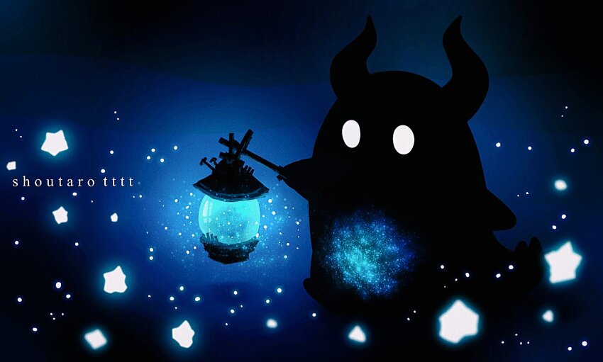 artist_name blank_eyes dark english_text glowing highres holding holding_lantern horns hoshikui lantern night no_humans original shoutarou_(shoutarotttt) silhouette star_(symbol) white_eyes