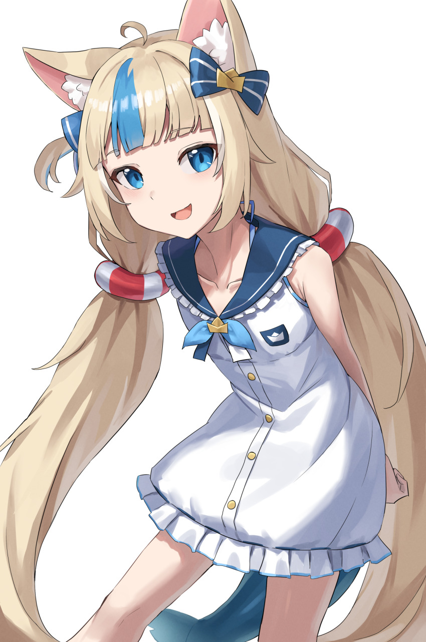 1girl absurdres animal_ears arms_behind_back blonde_hair blue_bow blue_eyes blue_streaks bow cat_ears dress fins fish_tail hair_bow highres indie_virtual_youtuber lifebuoy_hair_ornament long_hair looking_at_viewer one_side_up open_mouth sailor_dress sameko_saba simple_background solo tail vakuuberi very_long_hair virtual_youtuber white_background white_dress